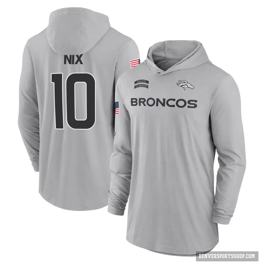 Men's ＃10 Bo Nix Denver Broncos Gray 2024 Salute to Service Lightweight Performance Long Sleeve Hooded T-Shirt