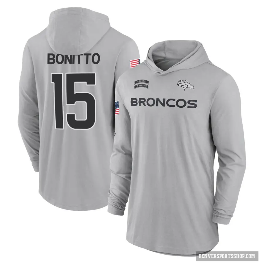 Men's ＃15 Nik Bonitto Denver Broncos Gray 2024 Salute to Service Lightweight Performance Long Sleeve Hooded T-Shirt
