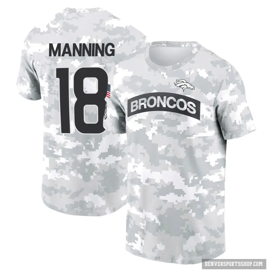 Men's ＃18 Peyton Manning Denver Broncos Camo Arctic 2024 Salute to Service Performance T-Shirt