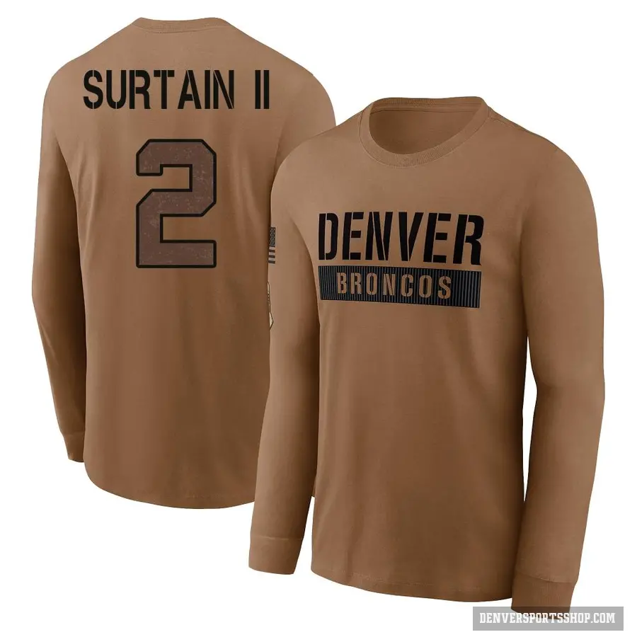 Men's ＃2 Pat Surtain II Denver Broncos Brown 2023 Salute To Service Long Sleeve T-Shirt