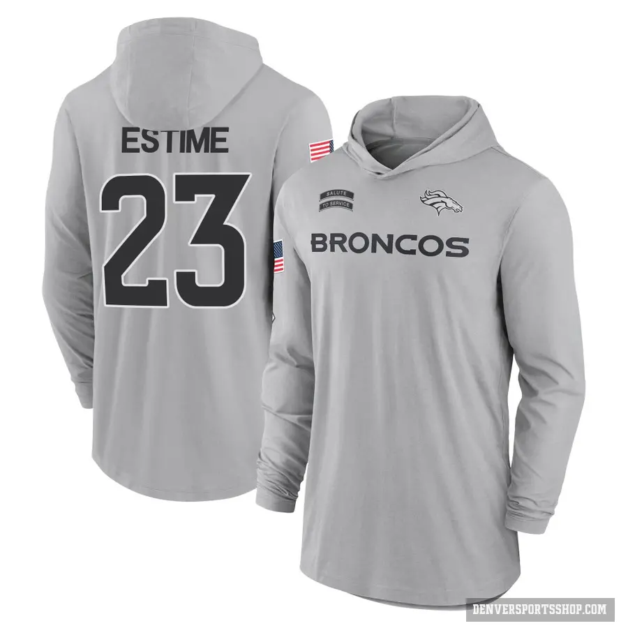 Men's ＃23 Audric Estime Denver Broncos Gray 2024 Salute to Service Lightweight Performance Long Sleeve Hooded T-Shirt