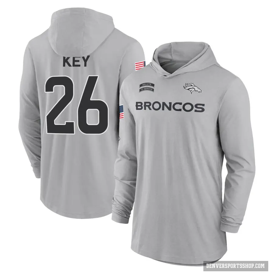 Men's ＃26 Devon Key Denver Broncos Gray 2024 Salute to Service Lightweight Performance Long Sleeve Hooded T-Shirt