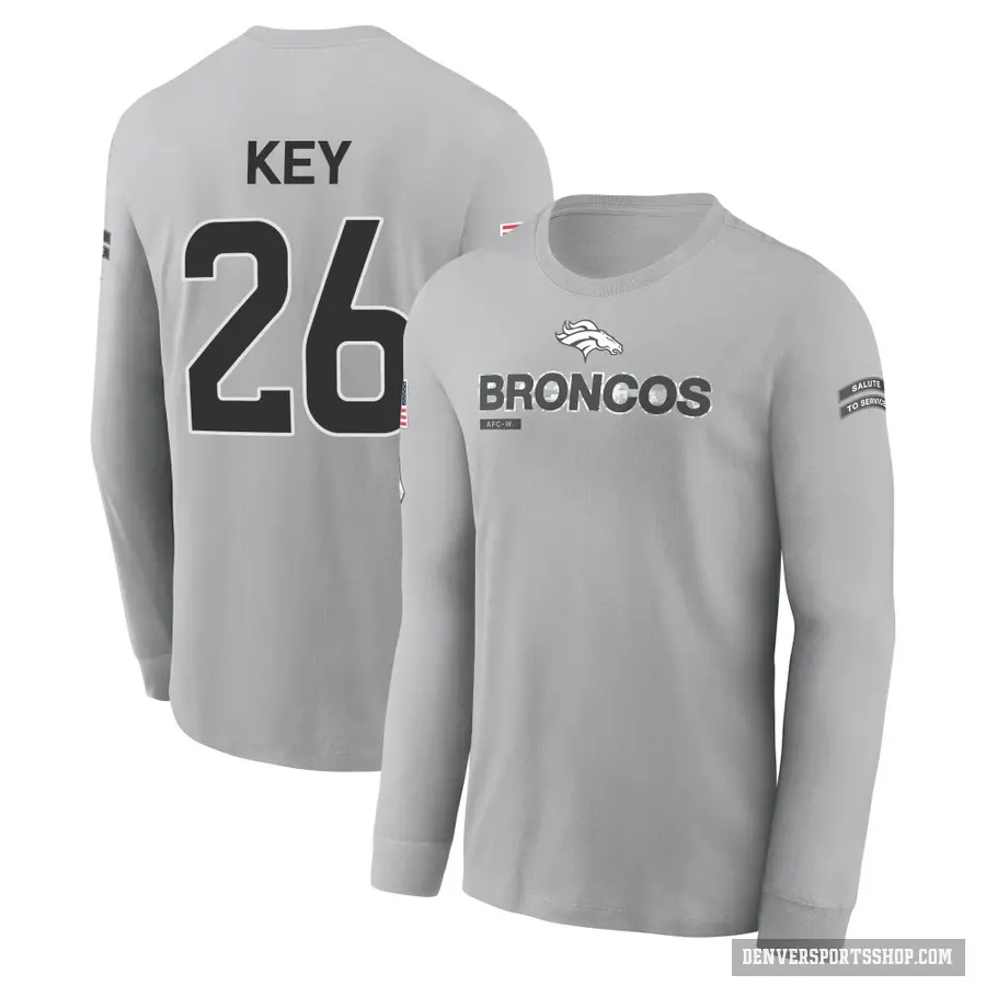 Men's ＃26 Devon Key Denver Broncos Gray 2024 Salute to Service Long Sleeve T-Shirt