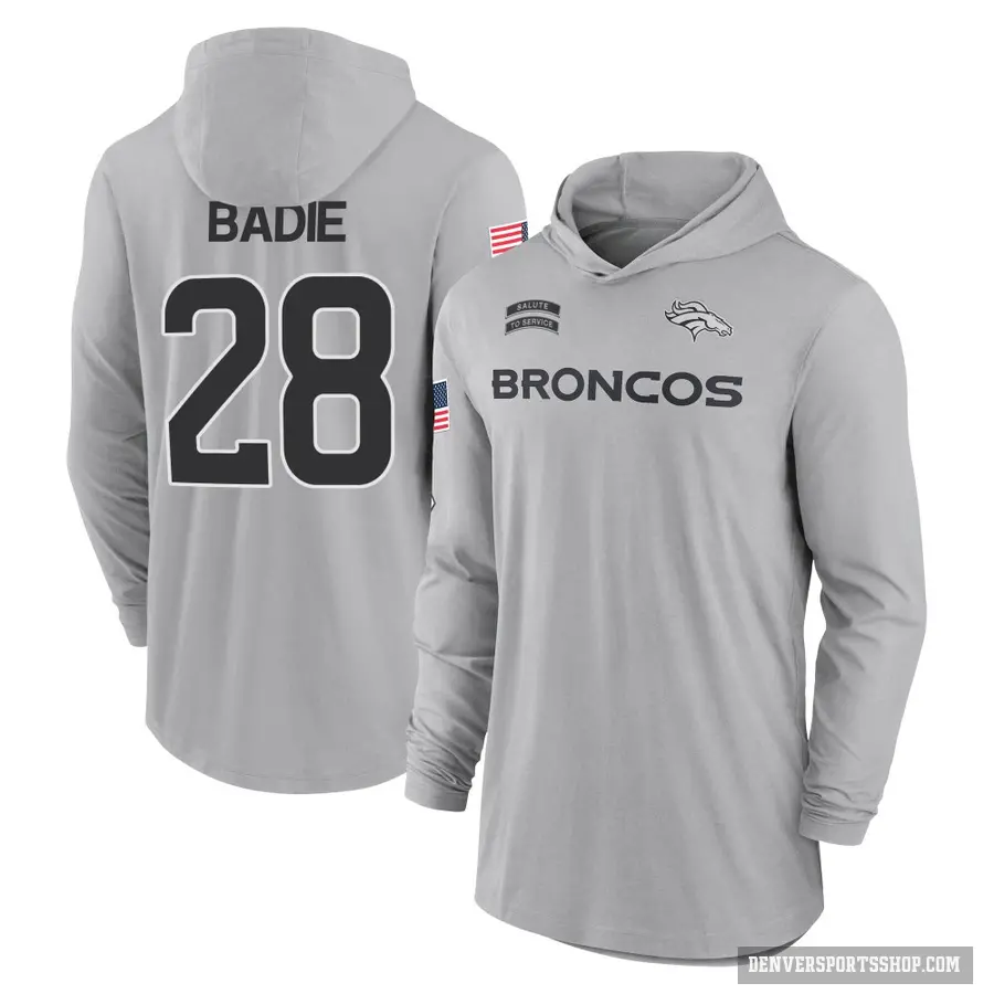 Men's ＃28 Tyler Badie Denver Broncos Gray 2024 Salute to Service Lightweight Performance Long Sleeve Hooded T-Shirt