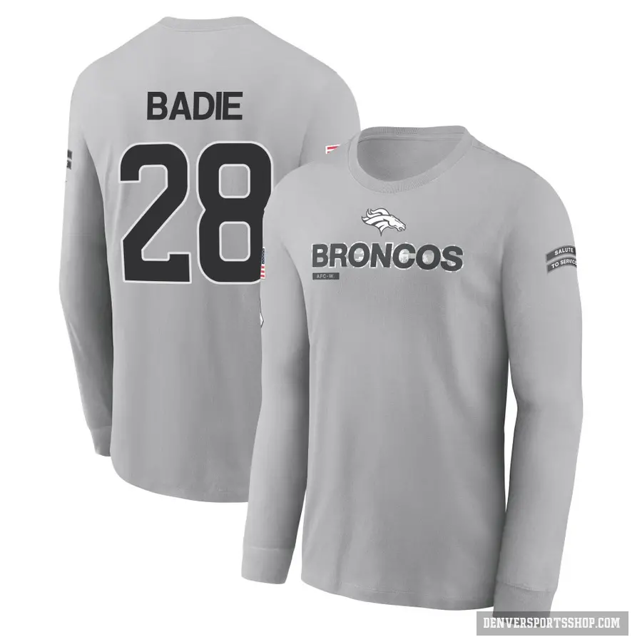 Men's ＃28 Tyler Badie Denver Broncos Gray 2024 Salute to Service Long Sleeve T-Shirt