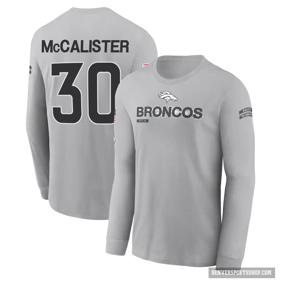 Men's ＃30 Tanner McCalister Denver Broncos Gray 2024 Salute to Service Long Sleeve T-Shirt
