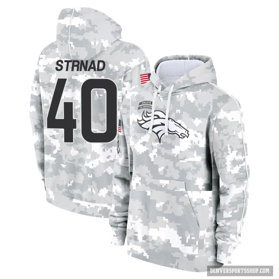 Men's ＃40 Justin Strnad Denver Broncos Arctic Camo 2024 Salute to Service Club Fleece Pullover Hoodie