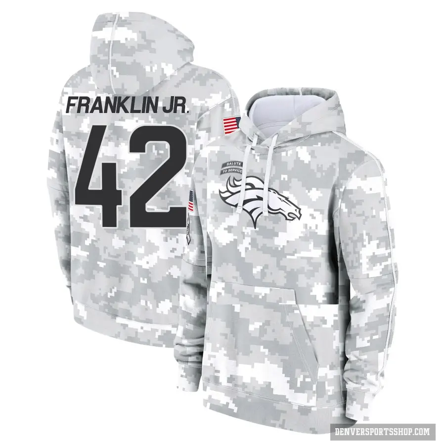 Men's ＃42 Sam Franklin Jr. Denver Broncos Arctic Camo 2024 Salute to Service Club Fleece Pullover Hoodie