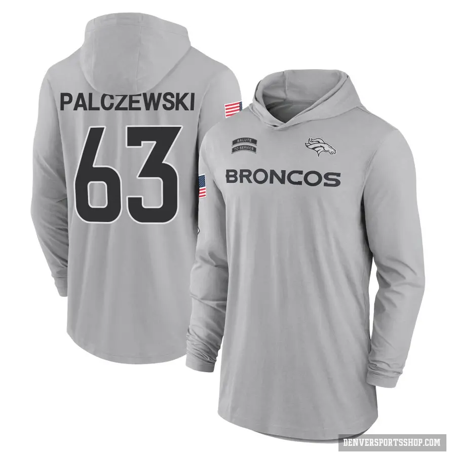 Men's ＃63 Alex Palczewski Denver Broncos Gray 2024 Salute to Service Lightweight Performance Long Sleeve Hooded T-Shirt