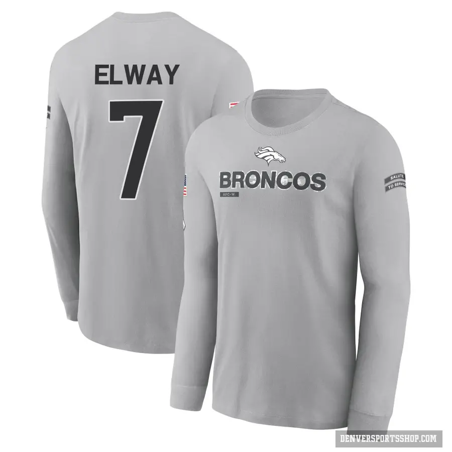 Men's ＃7 John Elway Denver Broncos Gray 2024 Salute to Service Long Sleeve T-Shirt