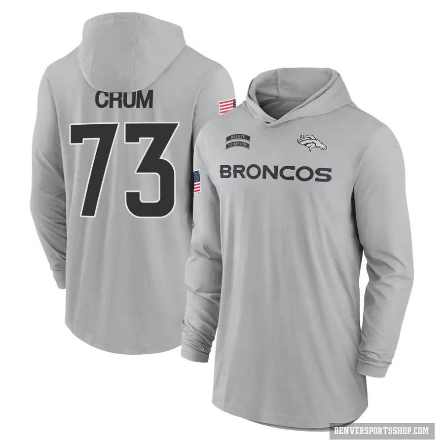 Men's ＃73 Frank Crum Denver Broncos Gray 2024 Salute to Service Lightweight Performance Long Sleeve Hooded T-Shirt