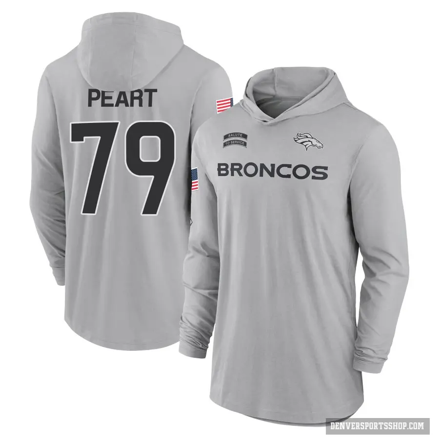 Men's ＃79 Matt Peart Denver Broncos Gray 2024 Salute to Service Lightweight Performance Long Sleeve Hooded T-Shirt
