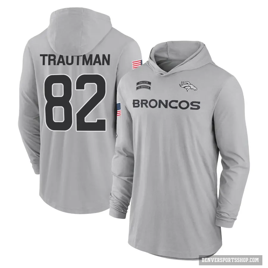 Men's ＃82 Adam Trautman Denver Broncos Gray 2024 Salute to Service Lightweight Performance Long Sleeve Hooded T-Shirt