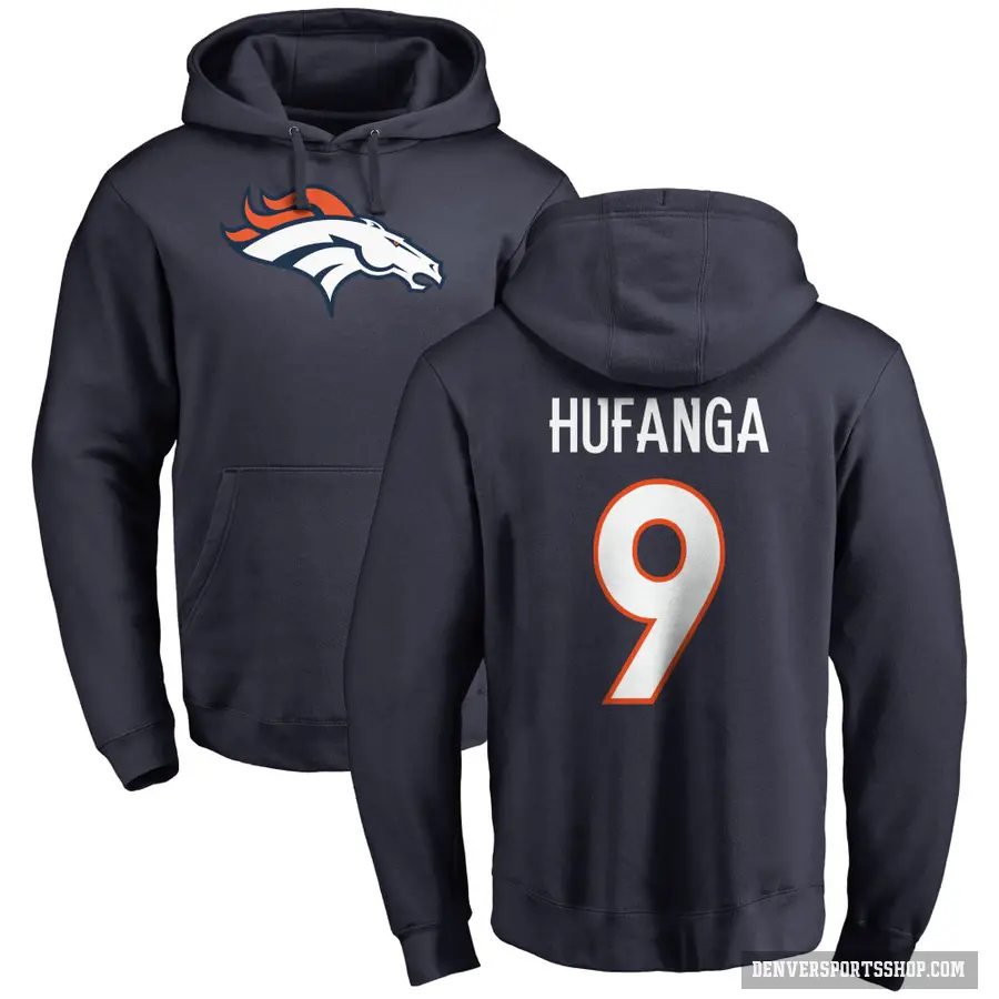 Men's ＃9 Talanoa Hufanga Denver Broncos Navy Pro Line Name & Number Logo Pullover Hoodie