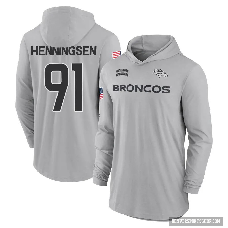Men's ＃91 Matt Henningsen Denver Broncos Gray 2024 Salute to Service Lightweight Performance Long Sleeve Hooded T-Shirt