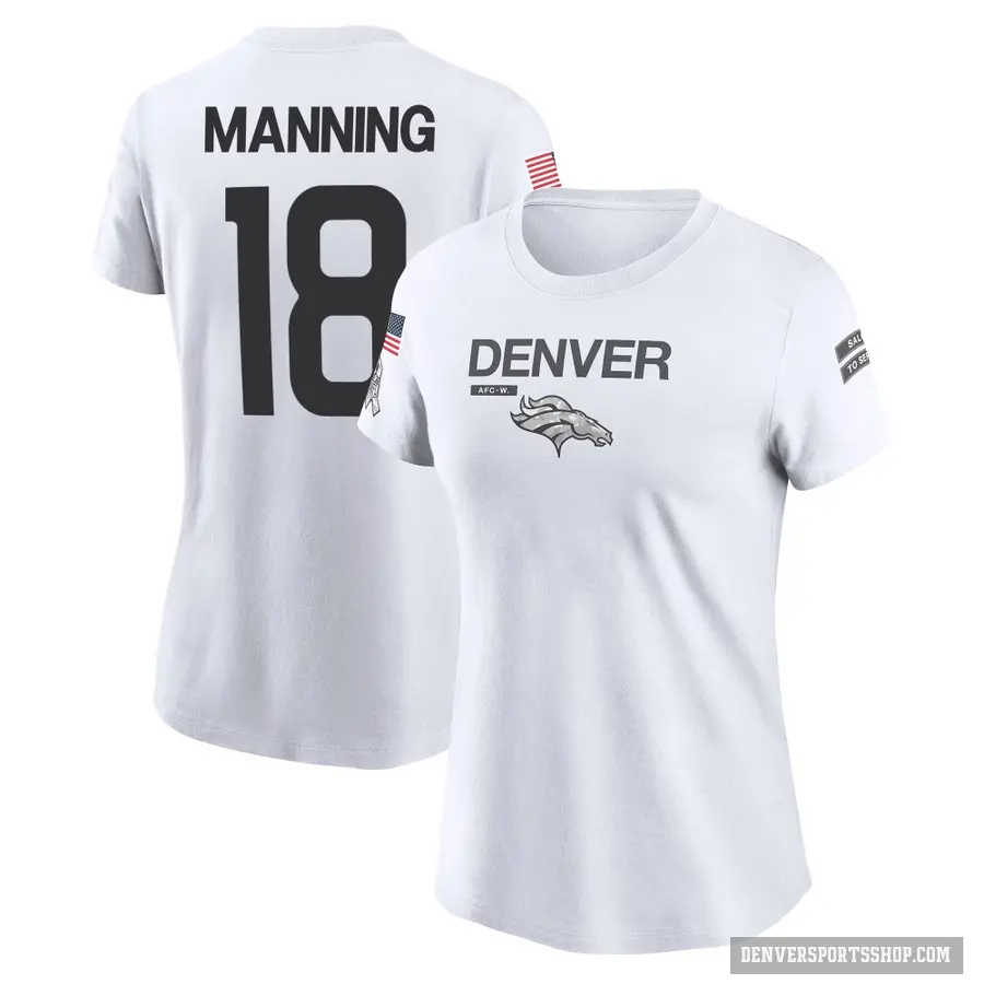 Women's ＃18 Peyton Manning Denver Broncos White 2024 Salute to Service Performance T-Shirt