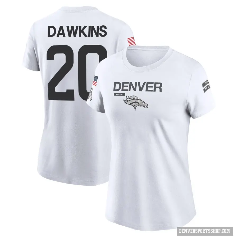 Women's ＃20 Brian Dawkins Denver Broncos White 2024 Salute to Service Performance T-Shirt