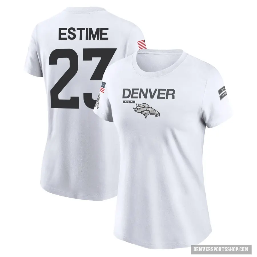 Women's ＃23 Audric Estime Denver Broncos White 2024 Salute to Service Performance T-Shirt