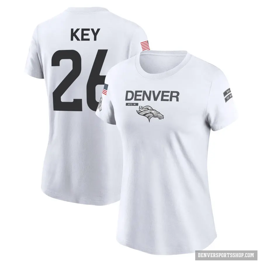 Women's ＃26 Devon Key Denver Broncos White 2024 Salute to Service Performance T-Shirt