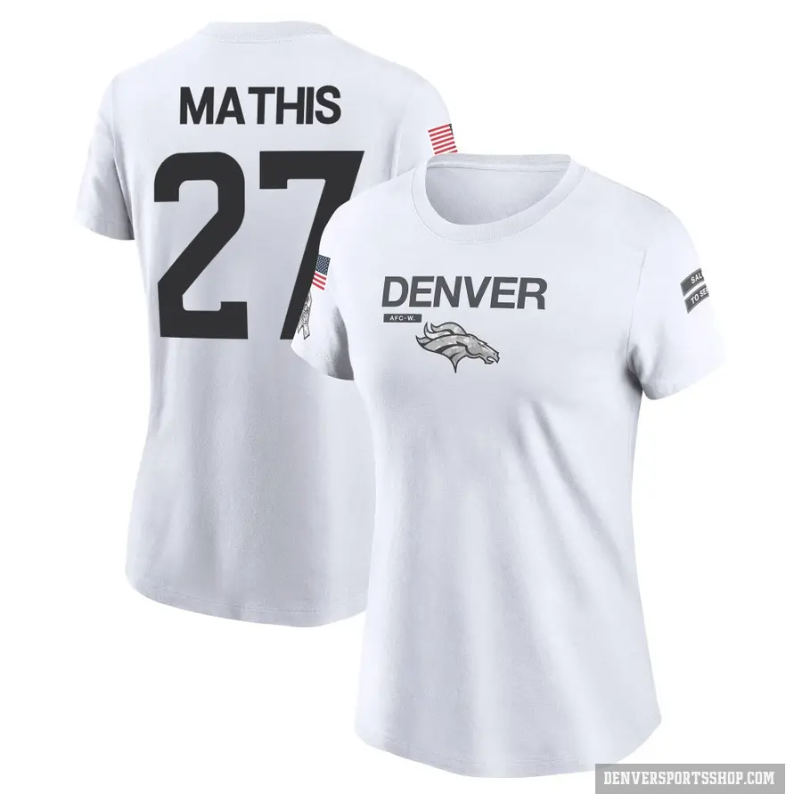 Women's ＃27 Damarri Mathis Denver Broncos White 2024 Salute to Service Performance T-Shirt