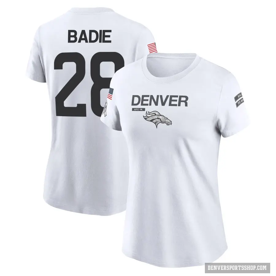Women's ＃28 Tyler Badie Denver Broncos White 2024 Salute to Service Performance T-Shirt