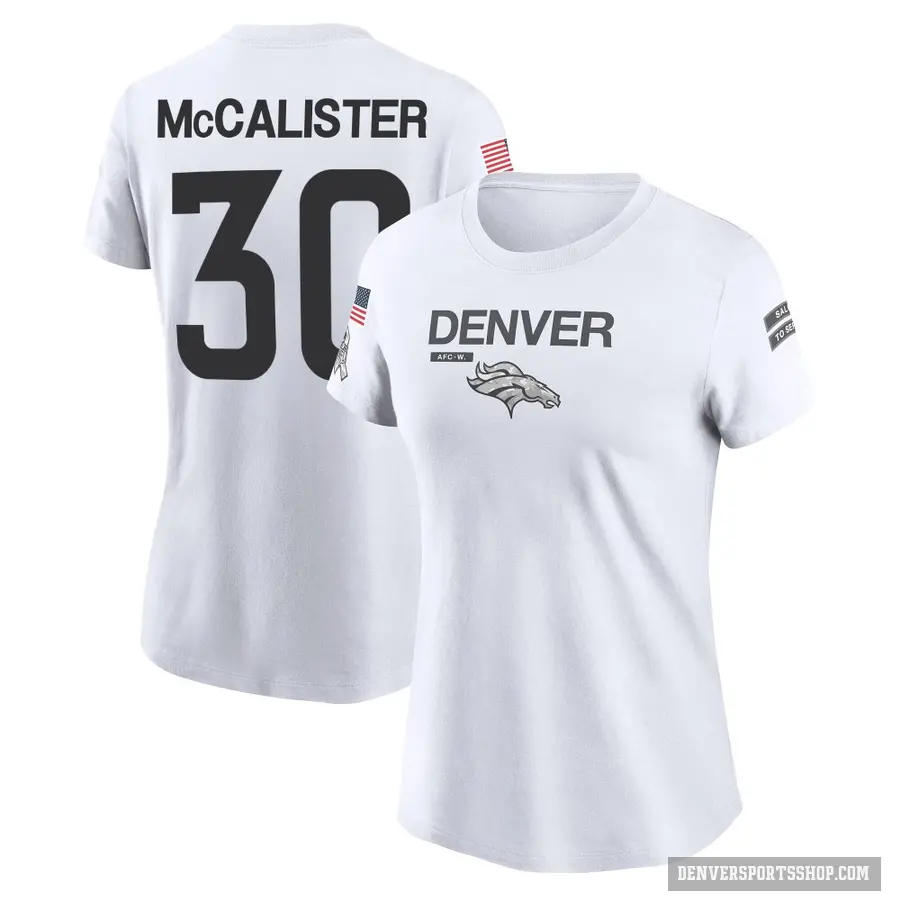 Women's ＃30 Tanner McCalister Denver Broncos White 2024 Salute to Service Performance T-Shirt
