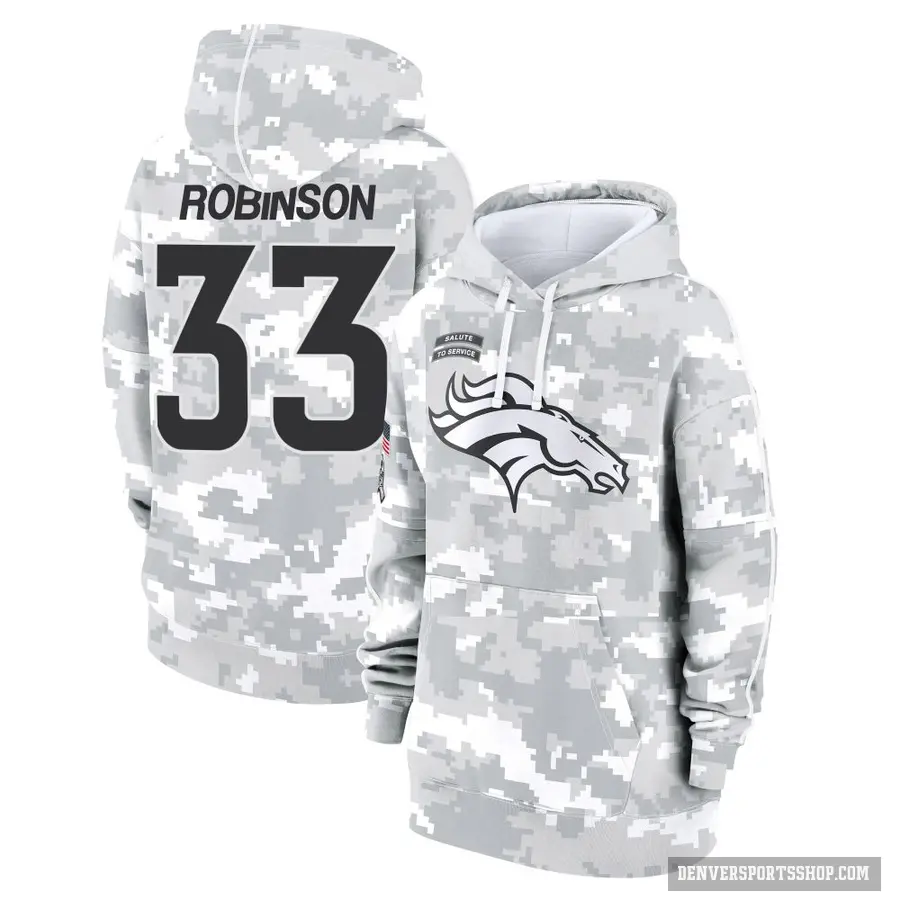 Women's ＃33 Jaden Robinson Denver Broncos Arctic Camo 2024 Salute to Service Club Fleece Pullover Hoodie