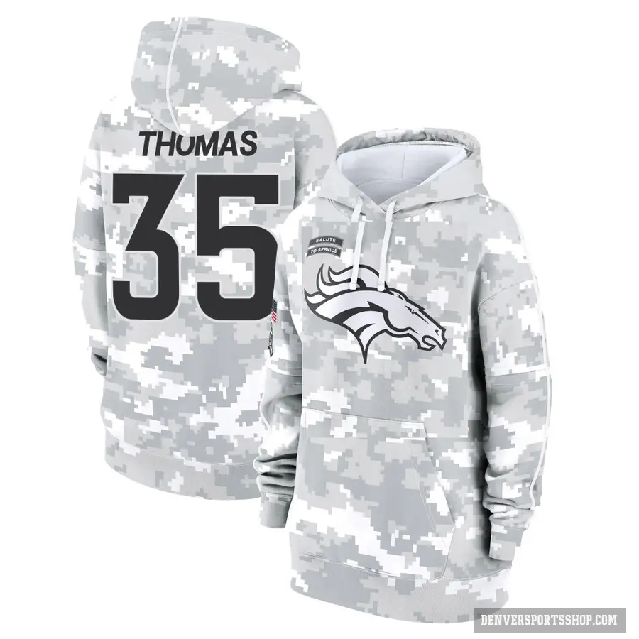 Women's ＃35 Dymonte Thomas Denver Broncos Arctic Camo 2024 Salute to Service Club Fleece Pullover Hoodie