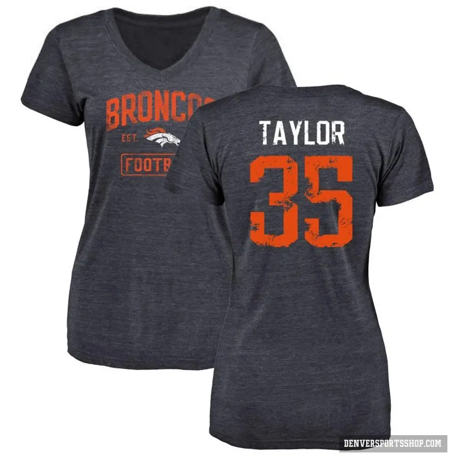 Women's ＃35 Reese Taylor Denver Broncos Navy Distressed V-Neck T-Shirt