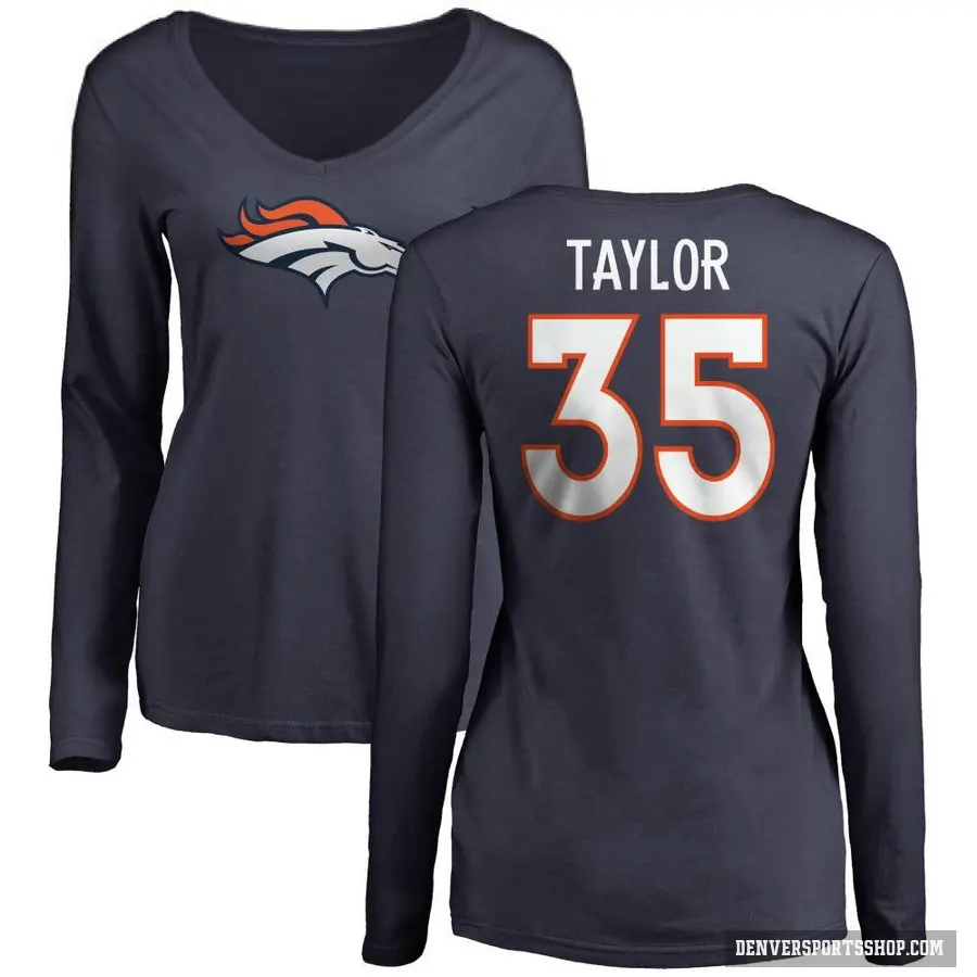 Women's ＃35 Reese Taylor Denver Broncos Navy Logo Slim Fit Long Sleeve T-Shirt