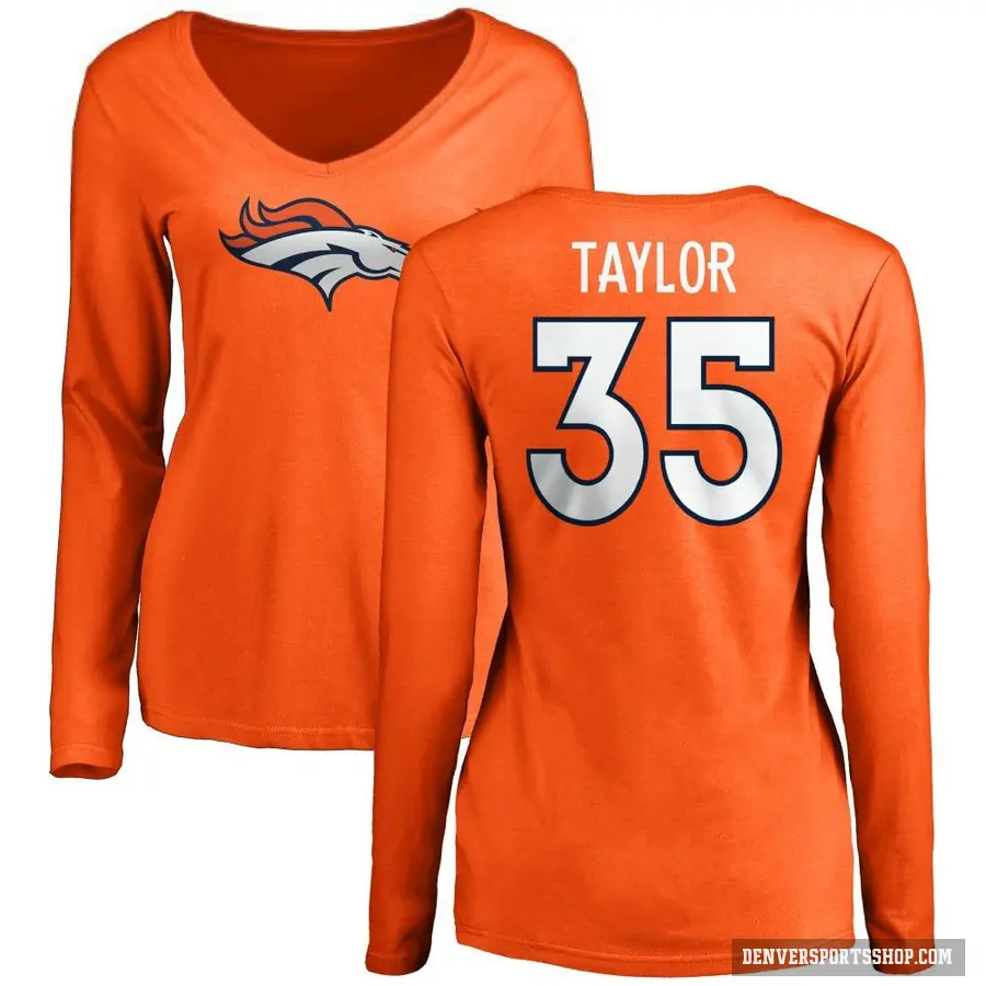 Women's ＃35 Reese Taylor Denver Broncos Orange Logo Slim Fit Long Sleeve T-Shirt