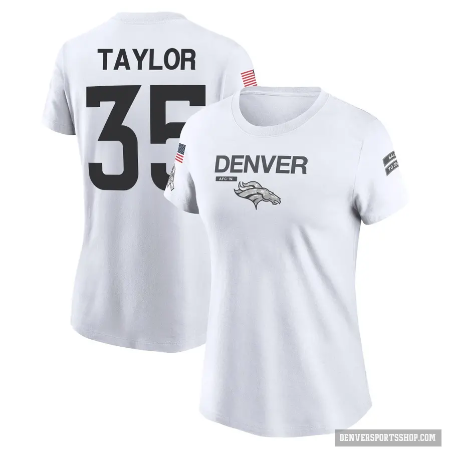 Women's ＃35 Reese Taylor Denver Broncos White 2024 Salute to Service Performance T-Shirt