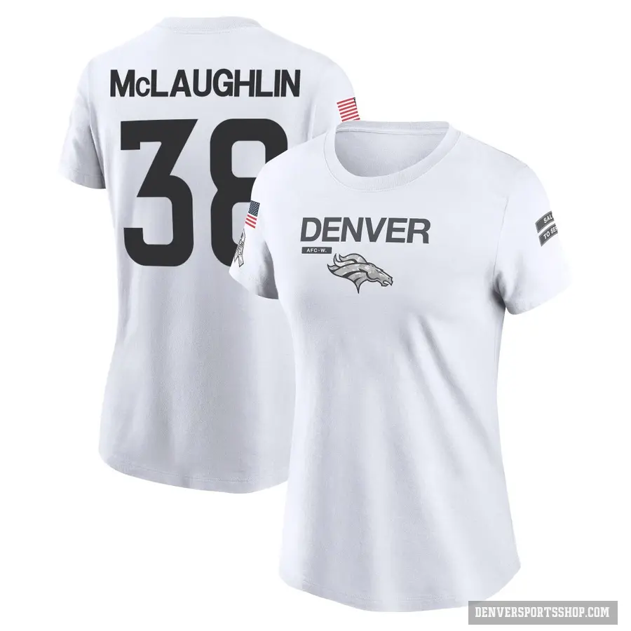 Women's ＃38 Jaleel McLaughlin Denver Broncos White 2024 Salute to Service Performance T-Shirt