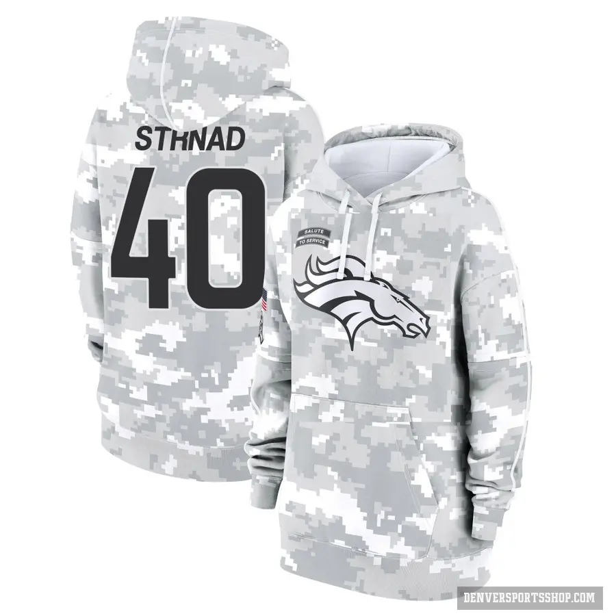 Women's ＃40 Justin Strnad Denver Broncos Arctic Camo 2024 Salute to Service Club Fleece Pullover Hoodie