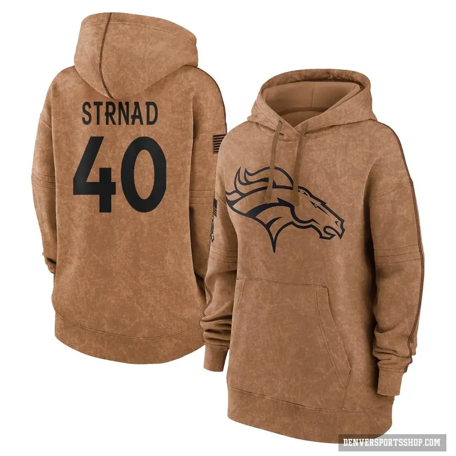 Women's ＃40 Justin Strnad Denver Broncos Brown 2023 Salute To Service Pullover Hoodie