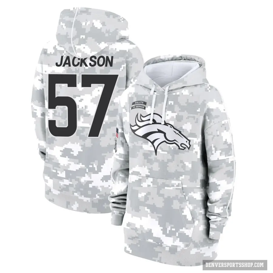 Women's ＃57 Tom Jackson Denver Broncos Arctic Camo 2024 Salute to Service Club Fleece Pullover Hoodie