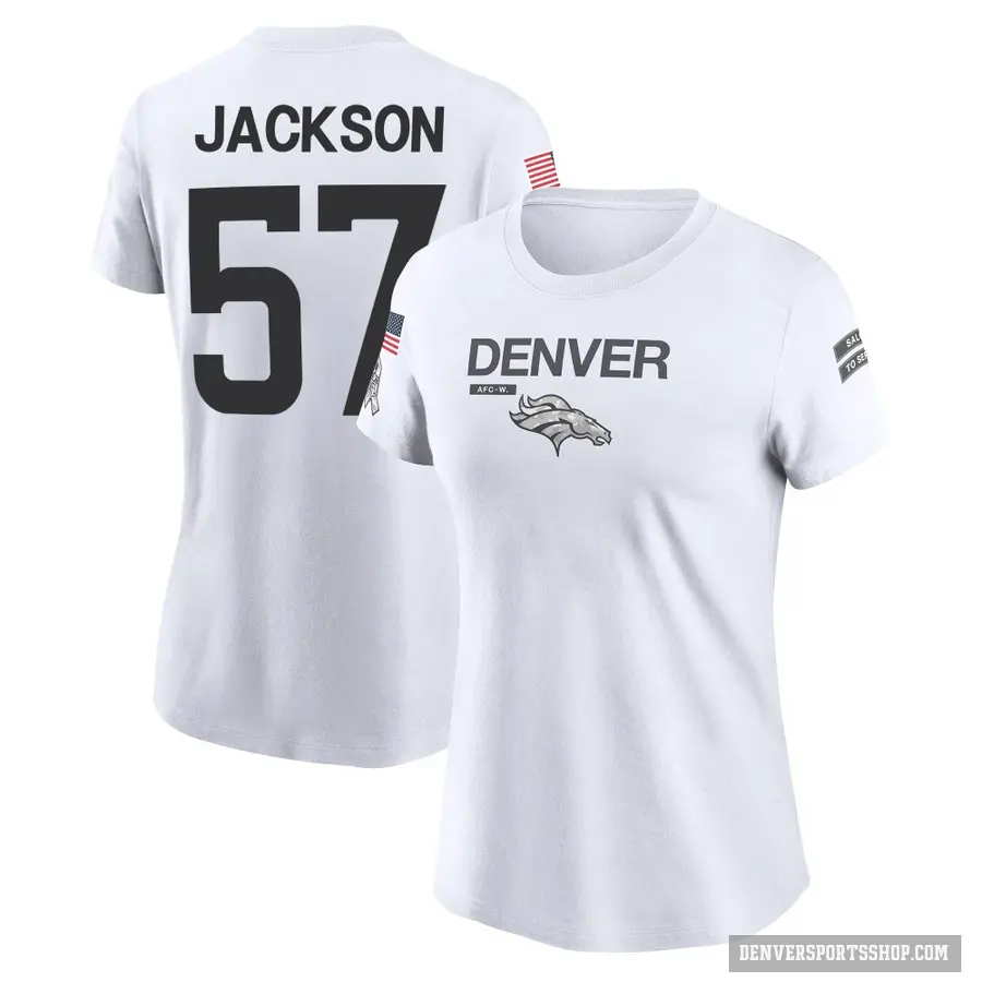 Women's ＃57 Tom Jackson Denver Broncos White 2024 Salute to Service Performance T-Shirt