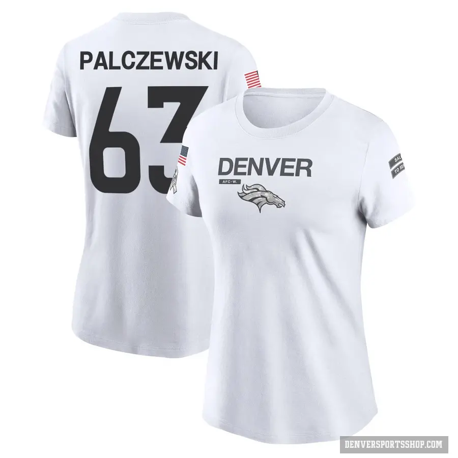 Women's ＃63 Alex Palczewski Denver Broncos White 2024 Salute to Service Performance T-Shirt