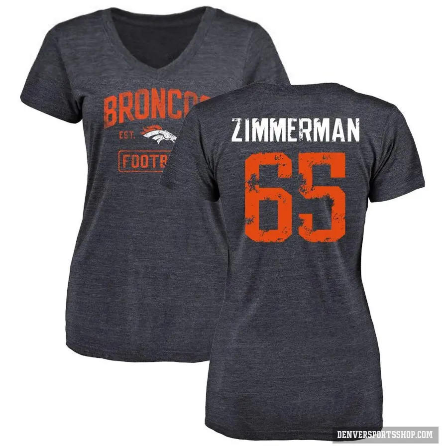 Women's ＃65 Gary Zimmerman Denver Broncos Navy Distressed V-Neck T-Shirt