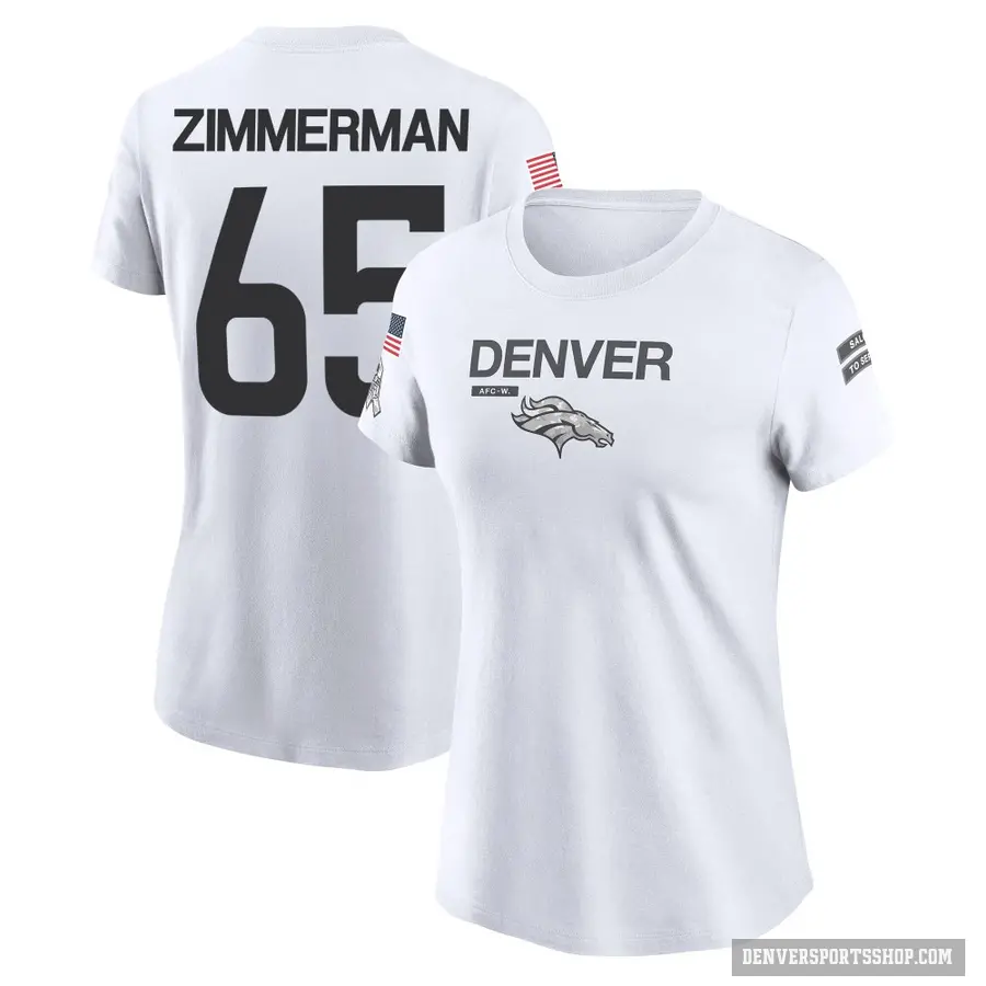 Women's ＃65 Gary Zimmerman Denver Broncos White 2024 Salute to Service Performance T-Shirt