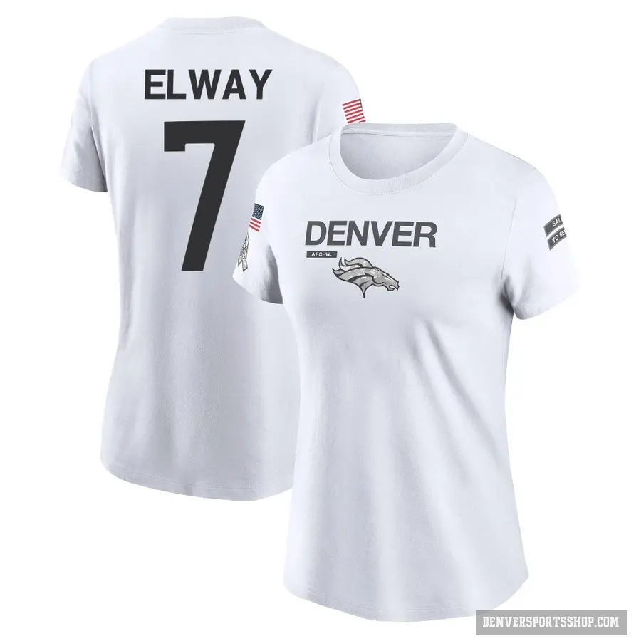 Women's ＃7 John Elway Denver Broncos White 2024 Salute to Service Performance T-Shirt