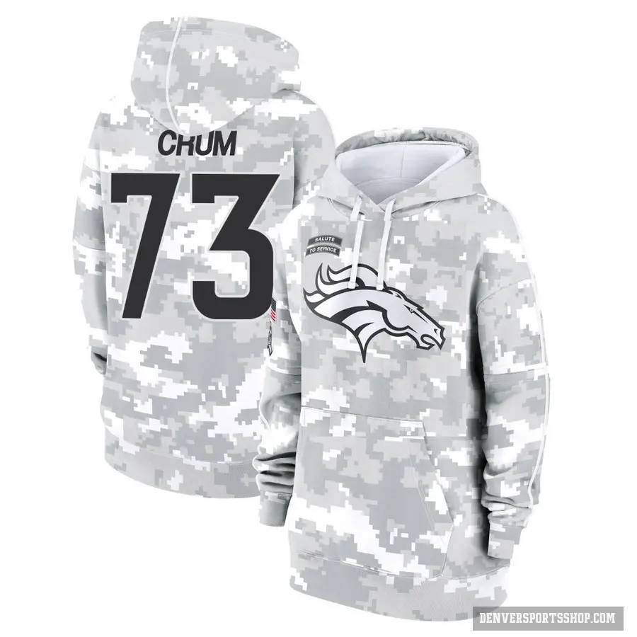 Women's ＃73 Frank Crum Denver Broncos Arctic Camo 2024 Salute to Service Club Fleece Pullover Hoodie