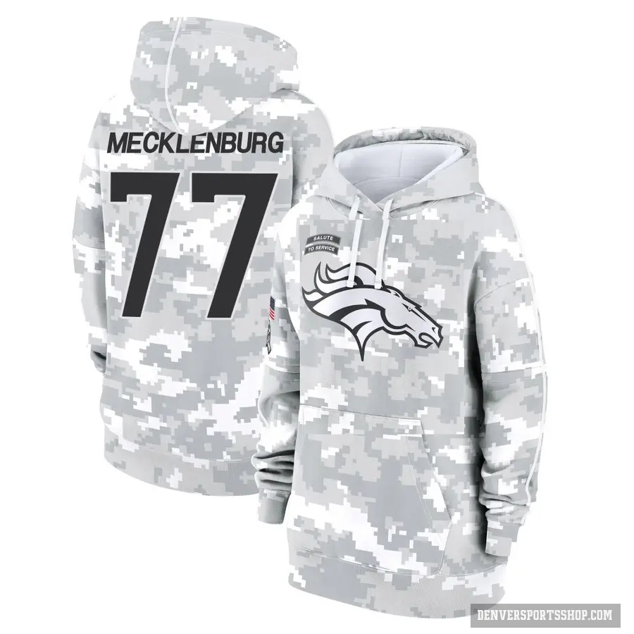 Women's ＃77 Karl Mecklenburg Denver Broncos Arctic Camo 2024 Salute to Service Club Fleece Pullover Hoodie