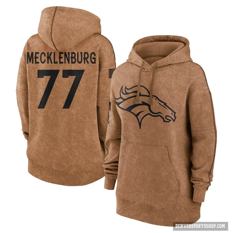 Women's ＃77 Karl Mecklenburg Denver Broncos Brown 2023 Salute To Service Pullover Hoodie