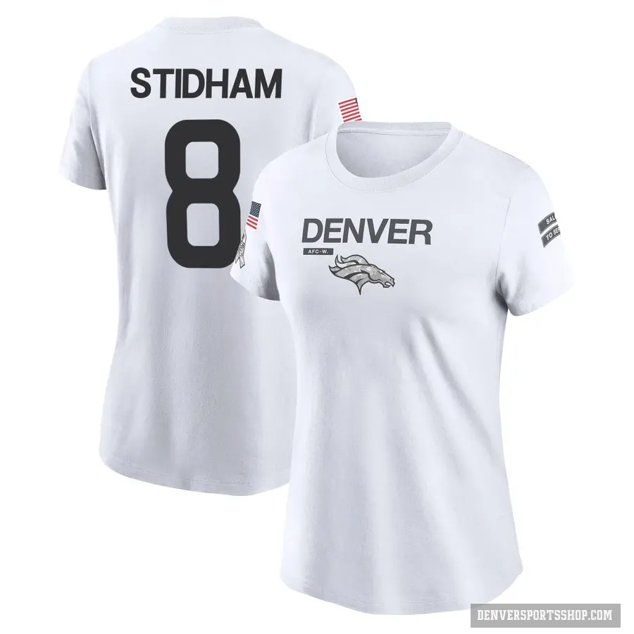 Women's ＃8 Jarrett Stidham Denver Broncos White 2024 Salute to Service Performance T-Shirt