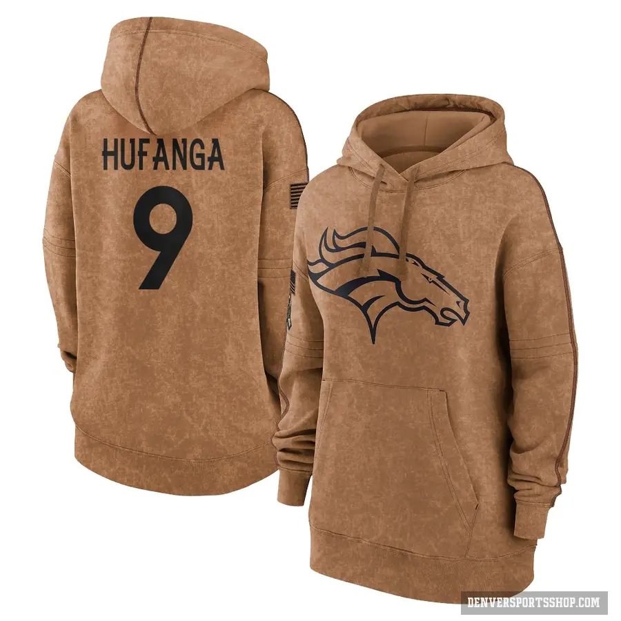 Women's ＃9 Talanoa Hufanga Denver Broncos Brown 2023 Salute To Service Pullover Hoodie