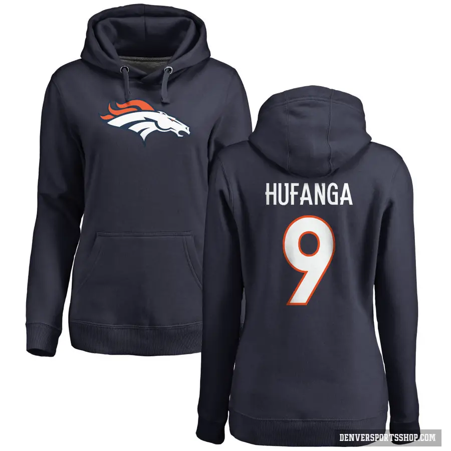 Women's ＃9 Talanoa Hufanga Denver Broncos Navy Pro Line Name & Number Logo Pullover Hoodie