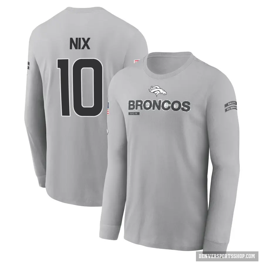 Youth ＃10 Bo Nix Denver Broncos Gray 2024 Salute to Service Long Sleeve T-Shirt
