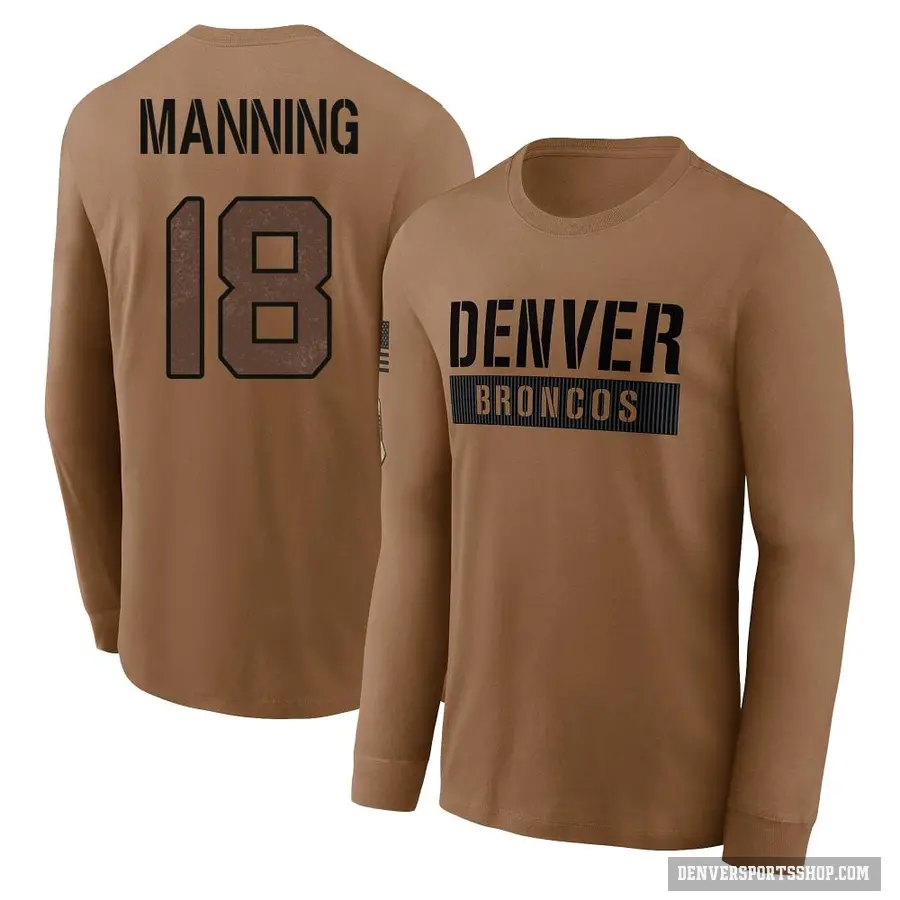Youth ＃18 Peyton Manning Denver Broncos Brown 2023 Salute To Service Long Sleeve T-Shirt