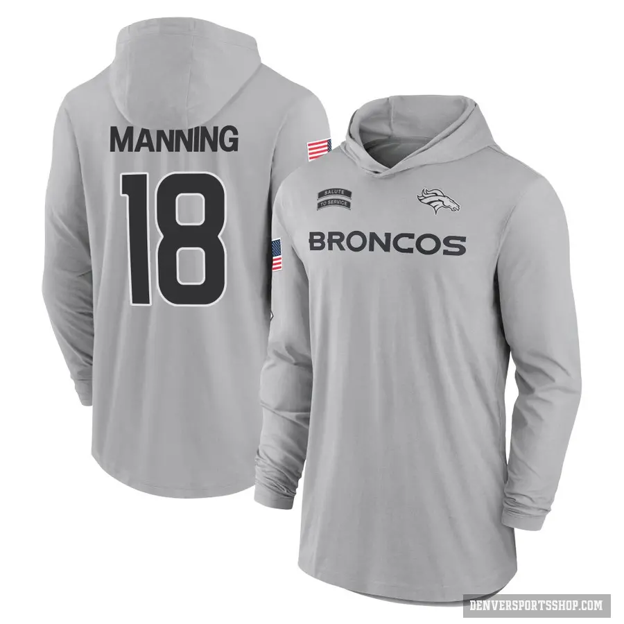 Youth ＃18 Peyton Manning Denver Broncos Gray 2024 Salute to Service Lightweight Performance Long Sleeve Hooded T-Shirt